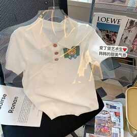 韩系夏季新款刺绣高级感冰丝polo衫针织衫小衫正肩短袖修身上衣女