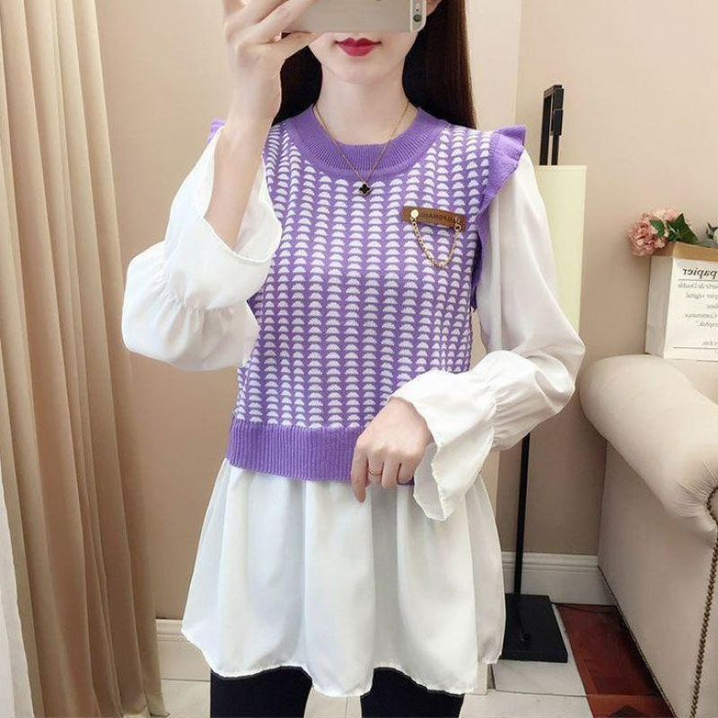 Spring and Autumn New Super Fairy Fake Two-Piece Knitted Sweater Winter Easiest for Match Long Sleeve Color Block Pullover Bottoming Shirt Top Spring and Autumn New Super Fairy Fake Two-Piece Knitted Sweater Winter Easiest for Match Long Sleeve Color Block Pullover Bottoming Shirt Top