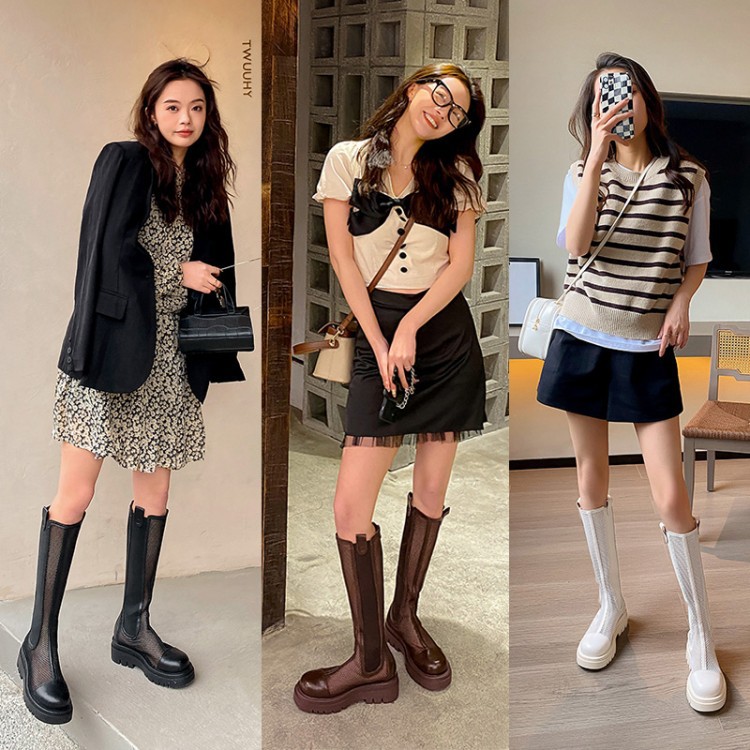 Boot lưới nữ da bò cổ cao thoáng khí mùa hè, đế dày, ống rộng cho chân to — Màu nâu ống lớn, Màu đen cổ ống lớn, Ống nhỏ màu đen, Chu vi ống lớn màu trắng be chi tiết 1