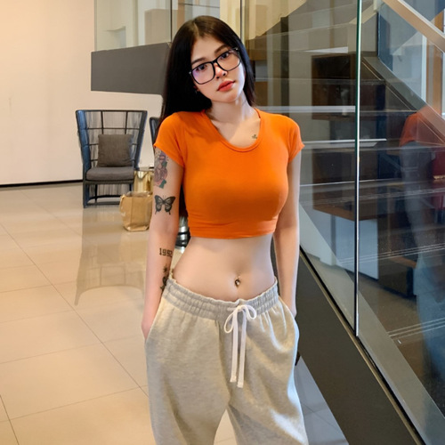 Ins Sexy Bare-Breasted Short-Sleeve Solid Color Women's Slimming Bodycon U-Neck Baseline Top