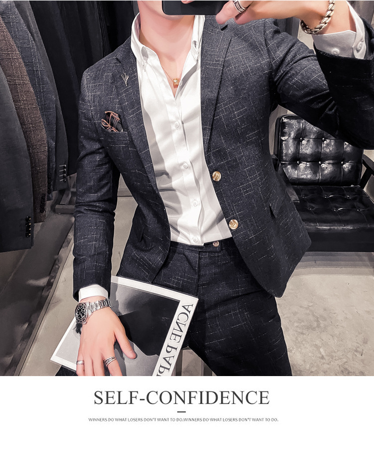 Men's Slim Fit Suit With Dark Pattern Two Button Jacket And Trousers_voghion.com