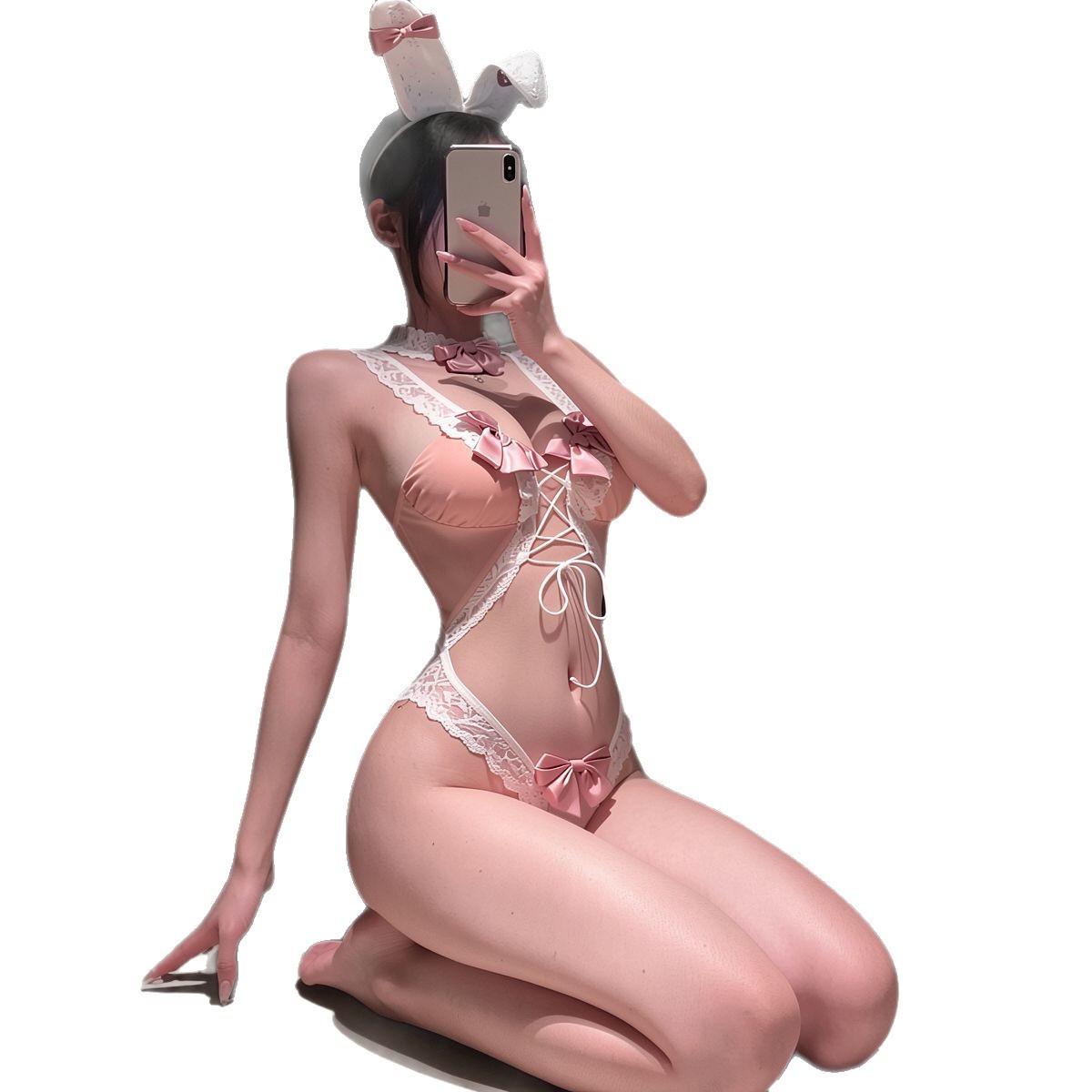 Huajiaoying sexy lace straps and bow bunny girl one-piece underwear suit qqny cute bunny sexy suit