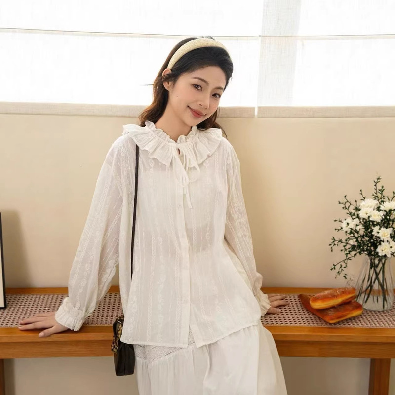 Japanese-Style Mori-Style Embroidered Jacquard Cotton Shirt for Women, New Spring Model, Age-Reducing, Versatile, Fresh Lace-Up Tie Collar Top Japanese-Style Mori-Style Embroidered Jacquard Cotton Shirt for Women, New Spring Model, Age-Reducing, Versatile, Fresh Lace-Up Tie Collar Top
