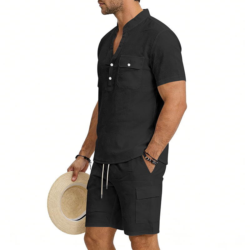 Men's Linen Henley Short Sleeve Shirt & Shorts Set, Breathable Summer Casual Outfit For Outdoor Travel And Daily Relaxation_viptrois.com
