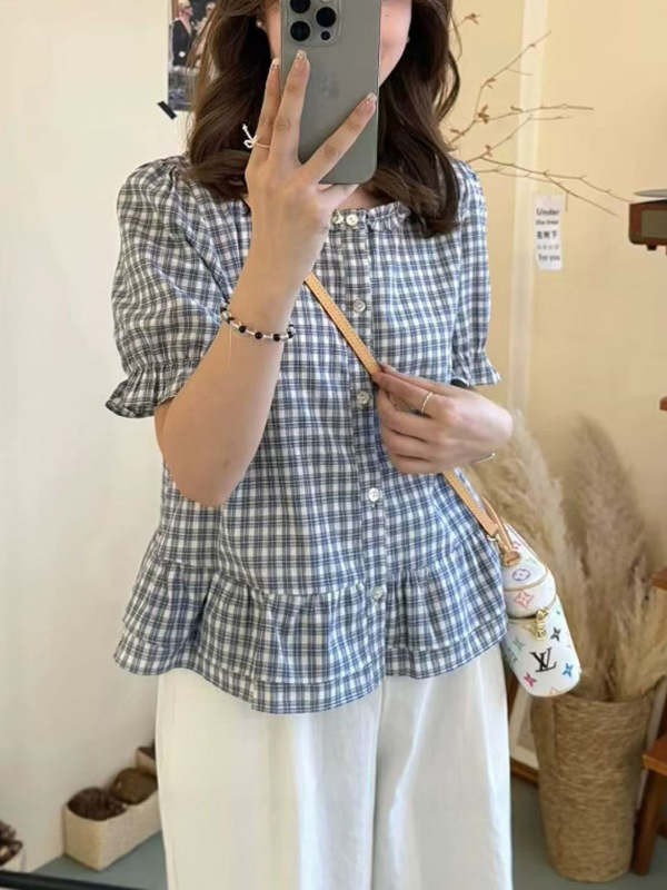 女性用耳介チェック柄コットンとリネン半袖シャツ2025新しい人気の夏シャツフレンチパフスリーブトップ|undefined