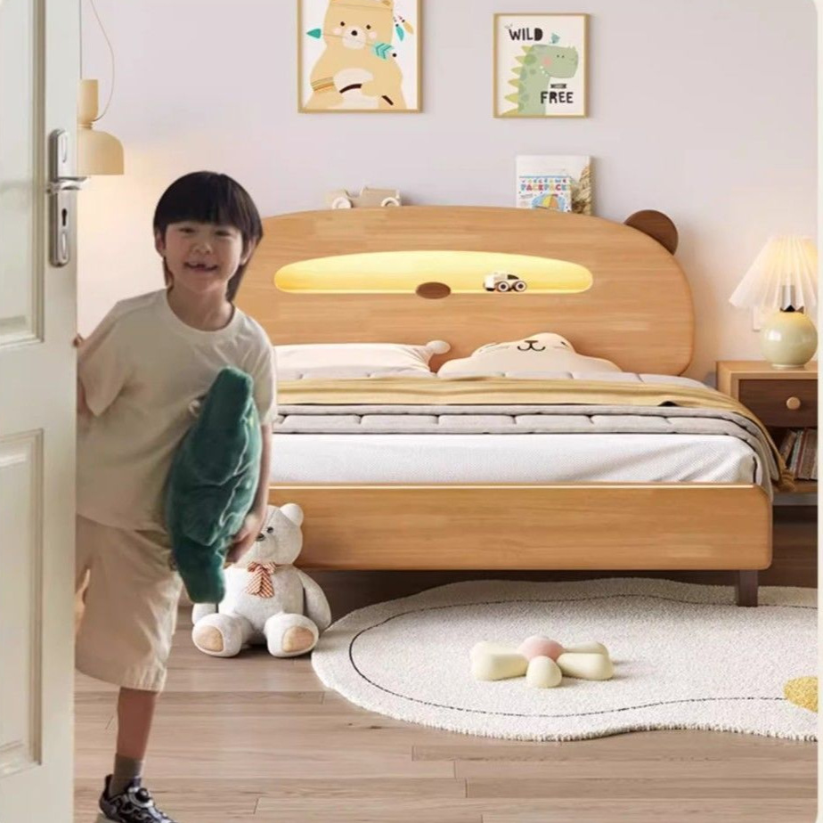Modern Simple Children's Wooden Bed Bear Beech Double Bed Home Solid Wood Children's Bedroom Bedside Small Eye Cute Bear