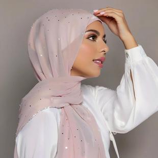 Cross-border supply monochrome Pearl chiffon chain scarf gypsophila rhinestone high quality chiffon long towel wholesale YW70