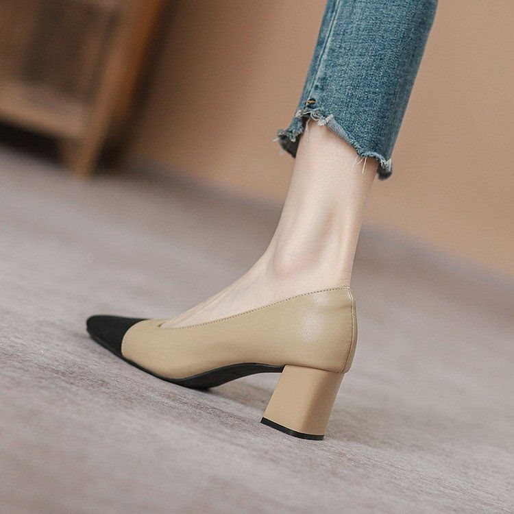 Chanel-Style Color-Blocked High-Heeled Shoes for Women, New Spring and Autumn French-Style Shallow-Mouth Soft Leather Mid-Heel Chunky Heel Single Shoes in Off-White and Apricot Color