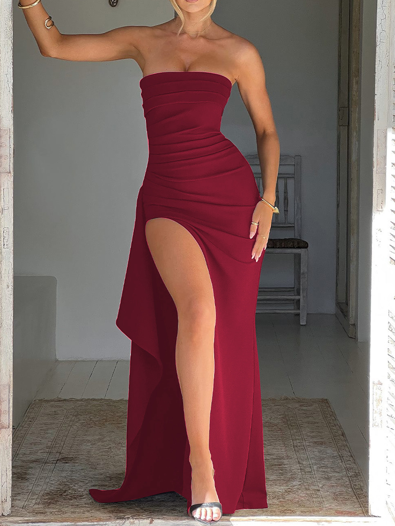 Wish Evening Women Off-Shoulder Strapless Fashion Sexy Backless High Slit Long Dress Autumn_ecoleips.com