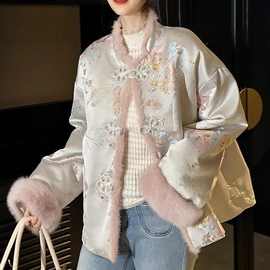 新款秋冬新中式复古国风缎面刺绣拼接水貂毛外套女感上衣