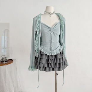 甜辣妹蕾絲開衫蝴蝶結吊帶背心女早秋蓬蓬蛋糕裙套裝2025新款