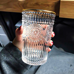 金邊太陽花玻璃杯女 ins風禮品日式浮雕啤酒杯子家用復古水杯批發