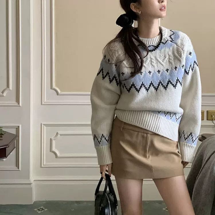 费尔岛韩系撞色提花毛衣女秋冬新款小清新圆领加厚针织衫套头上衣