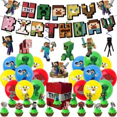 新しいMinecraftテーマパーティー誕生日アレンジメントピクセルバトルバルーンケーキフラグデコレーションソースファクトリー