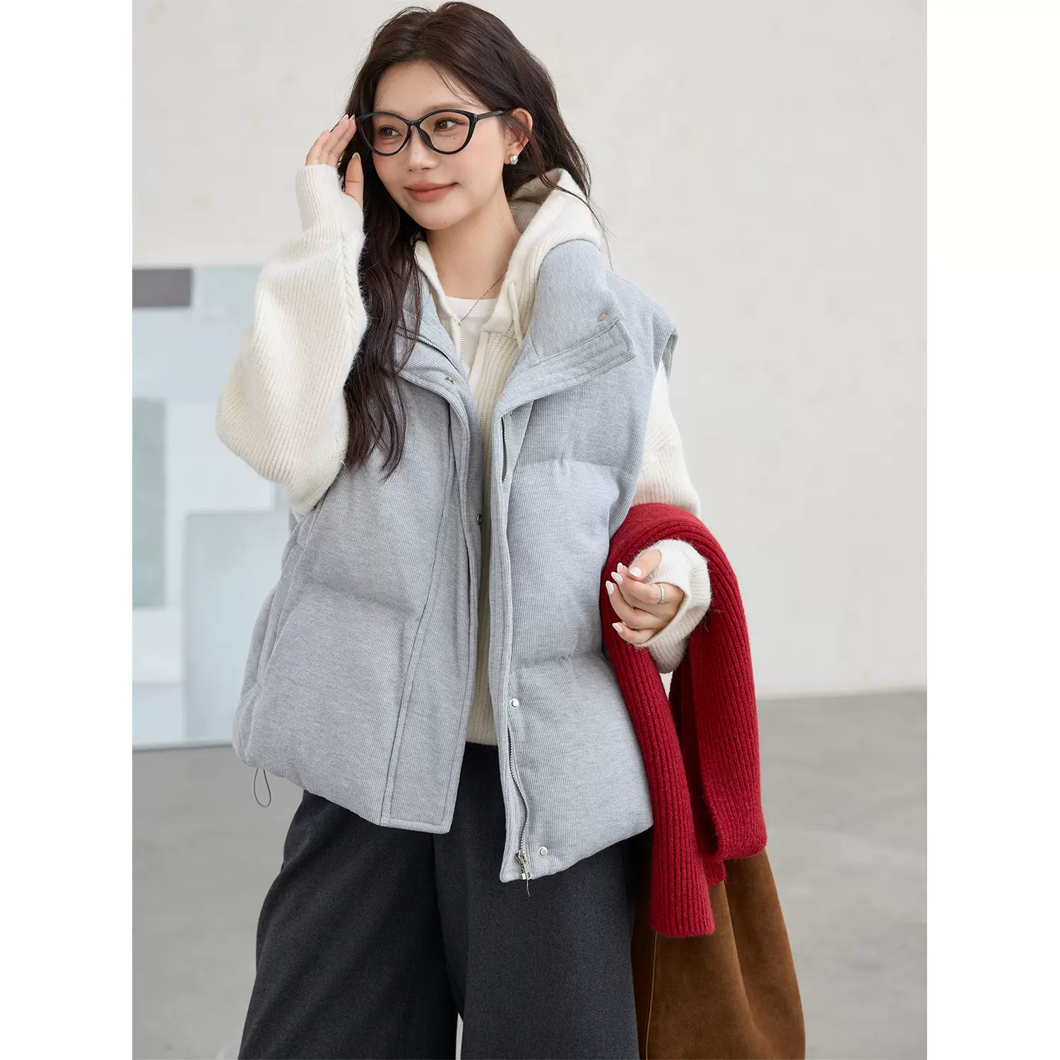 大码女装韩版宽松显瘦短款小香风无袖背心针织立领棉服双色棉马甲