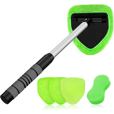 Car cleaning tools, Set - 1-pentagonal-telescopic-pole-sheath-4-green-cloth-covers-1-sponge-block