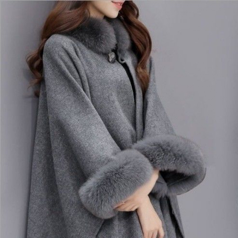 Luxury Rabbit Fur Collar Cape Coat - Elegant Mid-Length Wool Blend, Sleeveless Batwing Design, Timeless Audrey Hepburn Style_voghion.com