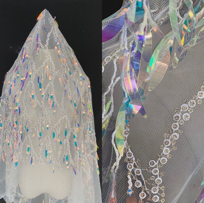 甜美流苏亮片布料表演服礼服幻彩色宝蓝大红黑色亮片蕾丝布料面料