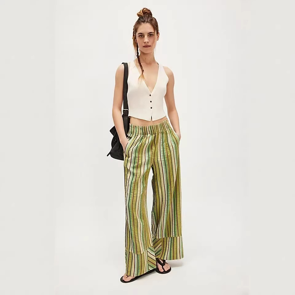 2026 Europa y los Estados Unidos transfronterizos MONA rayas pantalones de piernas anchas para mujeres primavera y otoño nuevos pantalones casuales de cintura alta y delgados para mujeres image 1