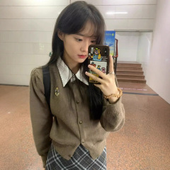 假两件polo领开衫毛衣女2025新款秋季学院风短款针织衫外套上衣