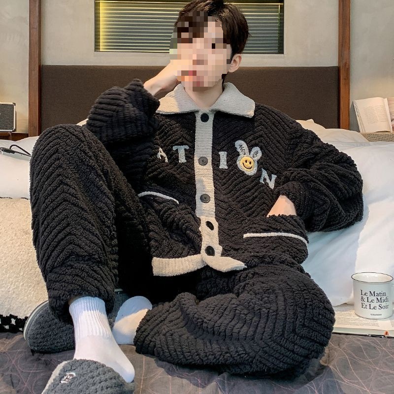 Pajamas Velvet Plus Velvet Winter Casual Autumn and Winter Cardigan Thickened Winter Home Clothes Men's Men's Flannel Coral