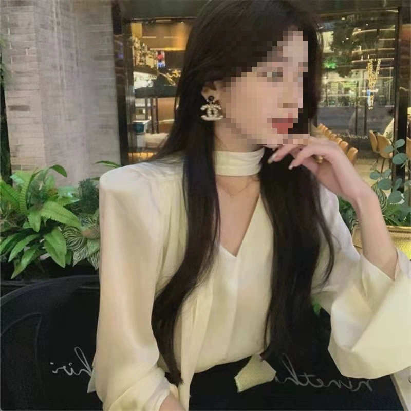 YS8 атласная рубашка на шнуровке, женская дизайнерская нишевая рубашка с v-образным вырезом, свободный модный топ с длинными рукавами