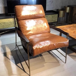 Solid Iron Leisure Chair, Antique Style Single Sofa Chair, Retro American Oil Wax Leather Metal Distressed Wrought Chair