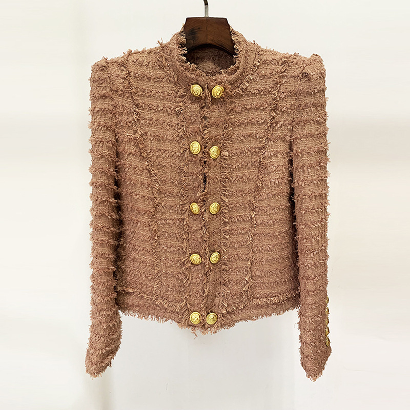 In Stock 2026 Autumn and Winter New European and American Celebrity Fashion Fringed Tweed Slim-Fit Blazer Pink-Brown In Stock 2026 Autumn and Winter New European and American Celebrity Fashion Fringed Tweed Slim-Fit Blazer Pink-Brown