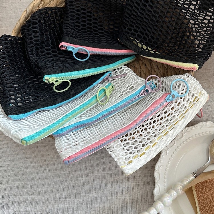 4593 Transparent Mesh Coin Purse with Color Block Zipper, Suitable for Lipsticks, Cosmetics, Small Items, Keychains, and Earphones