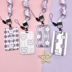 Cute cartoon purple bear card holder, student meal card, bus, subway, school card, access card protective cover, chest card lanyard