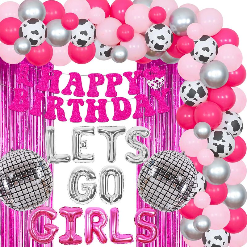 Let's Go Girls Birthday Balloon Arch Set Rain Silk Curtain Disco Balloon Girl Birthday Decoration