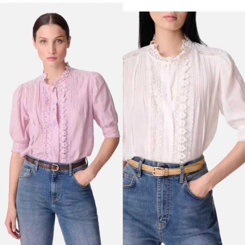 French-Style Women's Blouse 2026 New Sweet Lace Patchwork Three-Quarter Sleeve Lace Collar Shirt with Front Buttons Loose Top