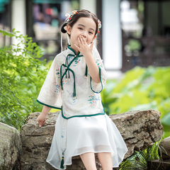 Hanfu suit 24 spring mid-sleeve two-piece chiffon western style children's ink Chinese style ethnic girl fairy