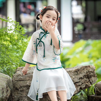 Children kids fairy dress hanfu princess cosplay costumes green ink print Hanfu Chinese style ethnic cosplay tang suit qipao 