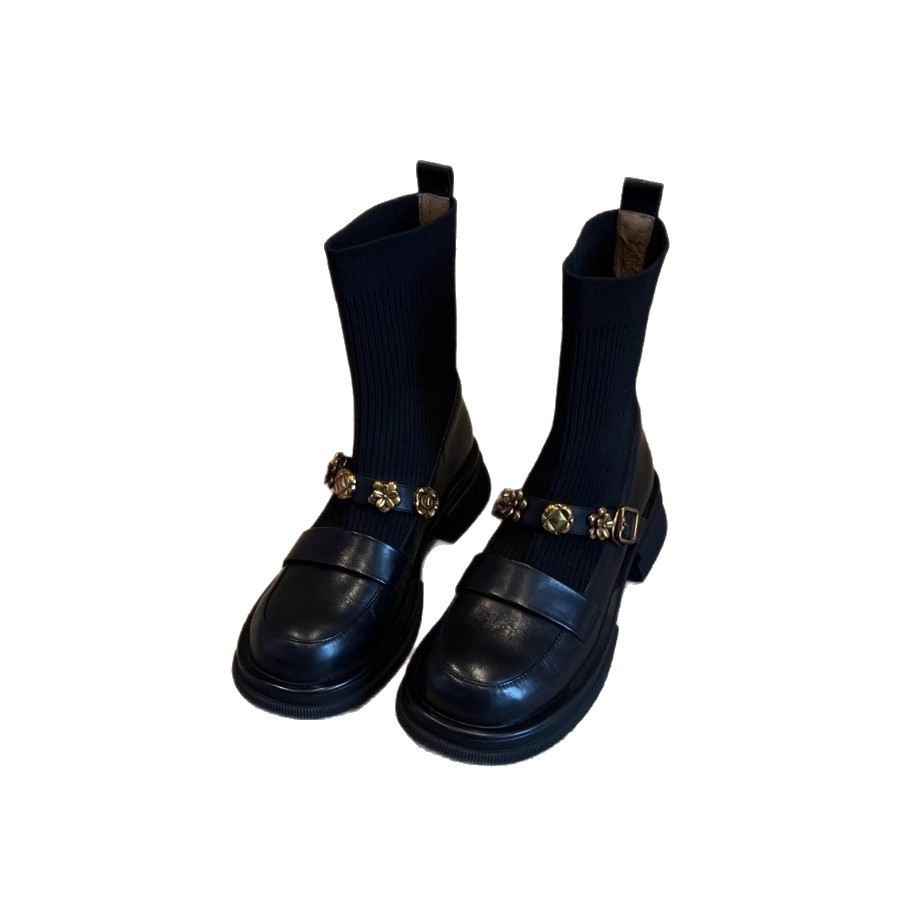 Stivaletti in maglia elasticizzata con tacco grosso – Stivaletti retrò da infilare con cinturino con fibbia e plateau spesso per donna_voghion.com