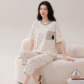 睡衣女士夏季纯棉短袖七分裤带胸垫可外穿薄款夏天全棉家居服套装