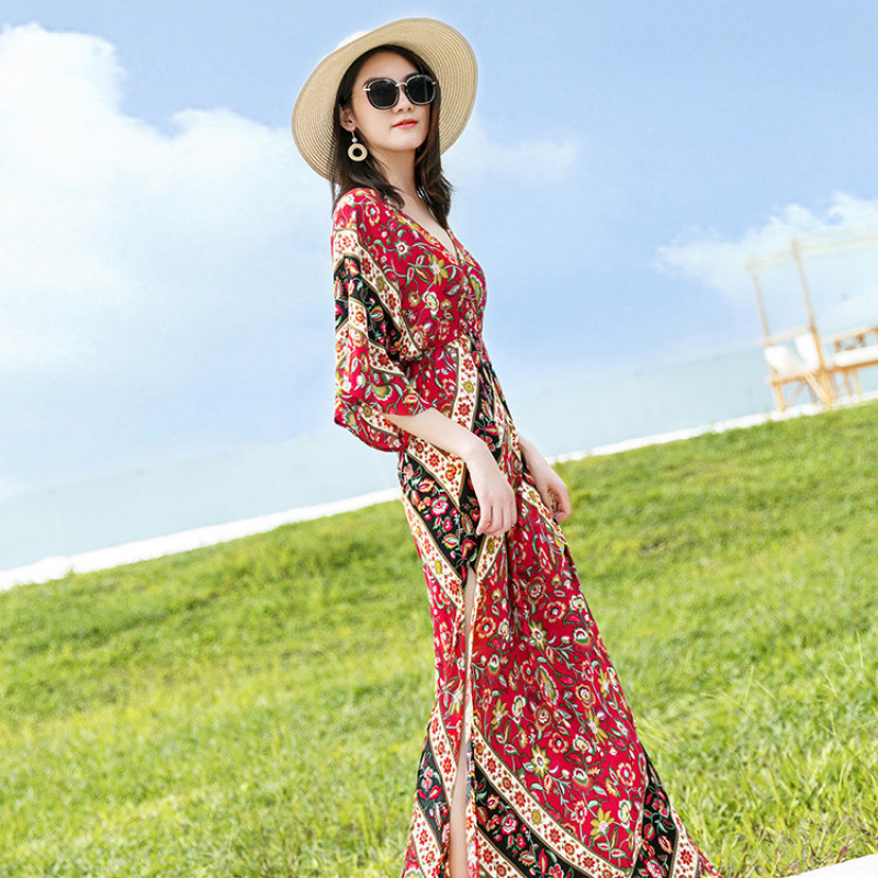 Travel Outfit Ethnic Style Dress Summer Bohemian Long Dress Bali Seaside Vacation Beach Dress F260