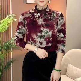 加绒网纱长袖女打底衫2024冬季时尚宽松显瘦韩版立领保暖时尚上衣
