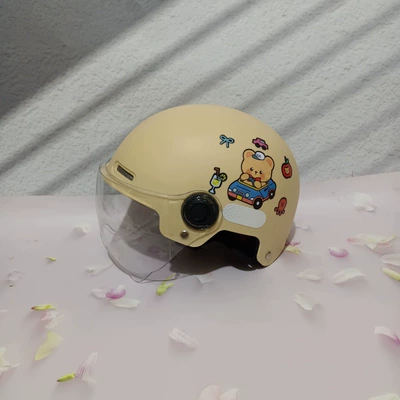 School Boys and Girls Safety – Motosiklet kaskı (dəbilqə) - white-short-beige-car-bear-7-15-years-old