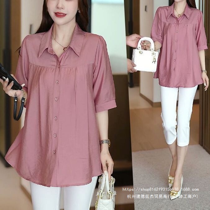 Young Mom's Mid-Length Short-Sleeve Shirt, Summer Loose Plus-Size Top, Slimming and Flattering Women's Versatile Blouse Young Mom's Mid-Length Short-Sleeve Shirt, Summer Loose Plus-Size Top, Slimming and Flattering Women's Versatile Blouse