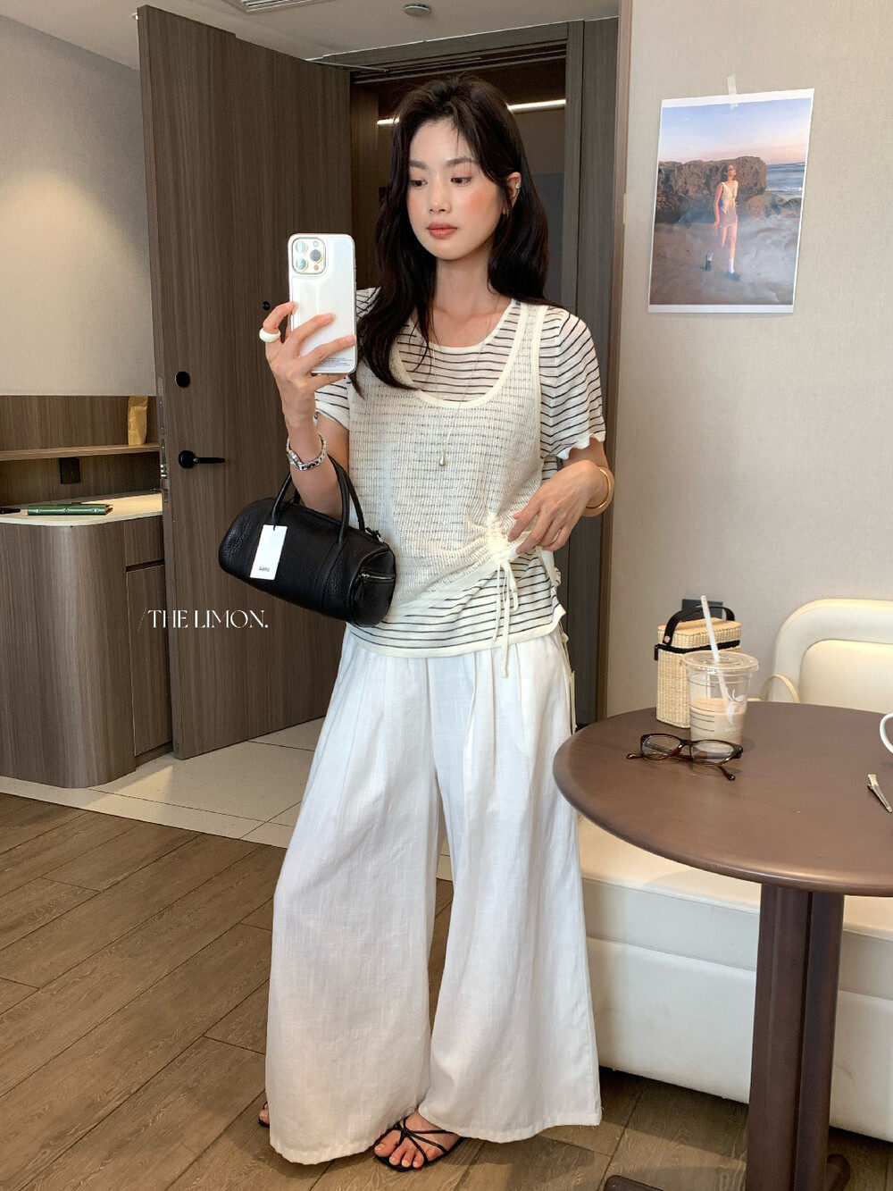 Áo thun nữ tay ngắn cổ tròn sọc kẻ phối ren giả hai lớp chất liệu tre gai thoáng mát — xám đậm, xám nhạt, Hạnh đen sọc, màu mơ chi tiết 13