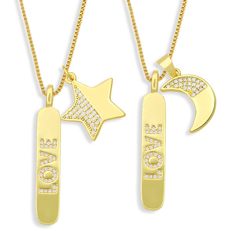 Hip-hop Double Drop Diamond Star Moon Rectangle Tag Necklace display picture 1