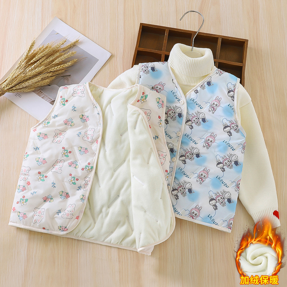 Children's cotton-padded vest with fleece lining, three-layer warm vest for boys and girls, toddler cotton-padded clothes, school uniform inner cotton-padded jacket, autumn