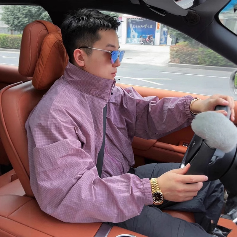 浅紫色运动速干防晒衣男款轻薄透气冰丝防晒服高级感痞帅立领夹克
