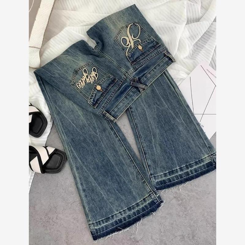 American-style Retro Low-waisted Micro-laggy Jeans Women's Embroidered Old High Street Hot Girl Slim-fit Slim-fit Mop Pants