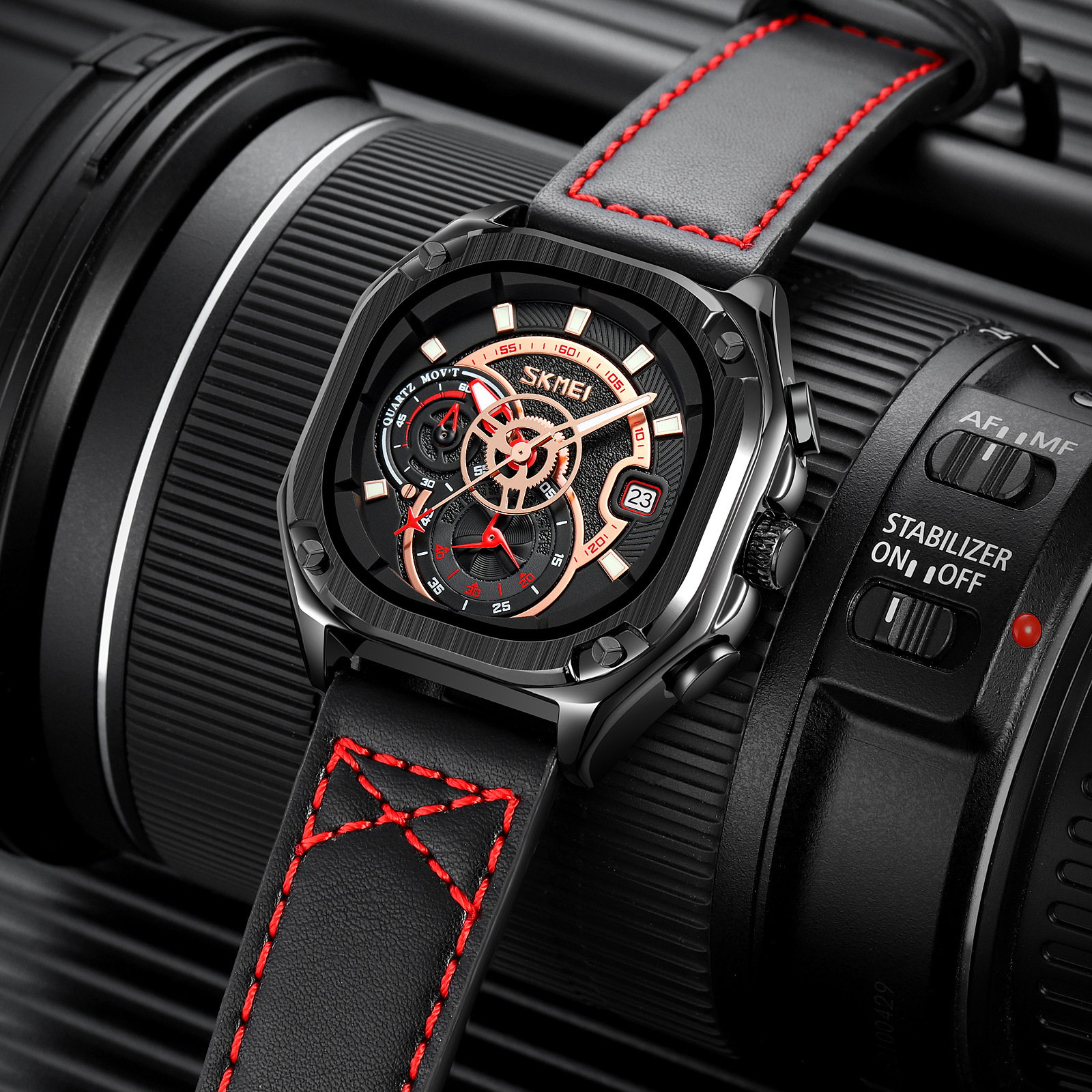 Momento de belleza octogonal multifuncional reloj de cuarzo para hombres tres ojos cronógrafo calendario impermeable marca de relojes de hombre al por mayor transfronterizos