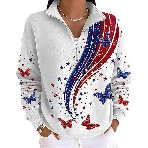 Cross-Border Amazon Independent Site Winter American Anniversary Celebration Printed Women's Polo Sweatshirt with Half-Zip Collar Cross-Border Amazon Independent Site Winter American Anniversary Celebration Printed Women's Polo Sweatshirt with Half-Zip Collar
