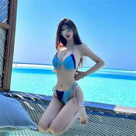 日系新款牛仔比基尼拼色挂脖系带泳装性感度假温泉分体泳衣bikini
