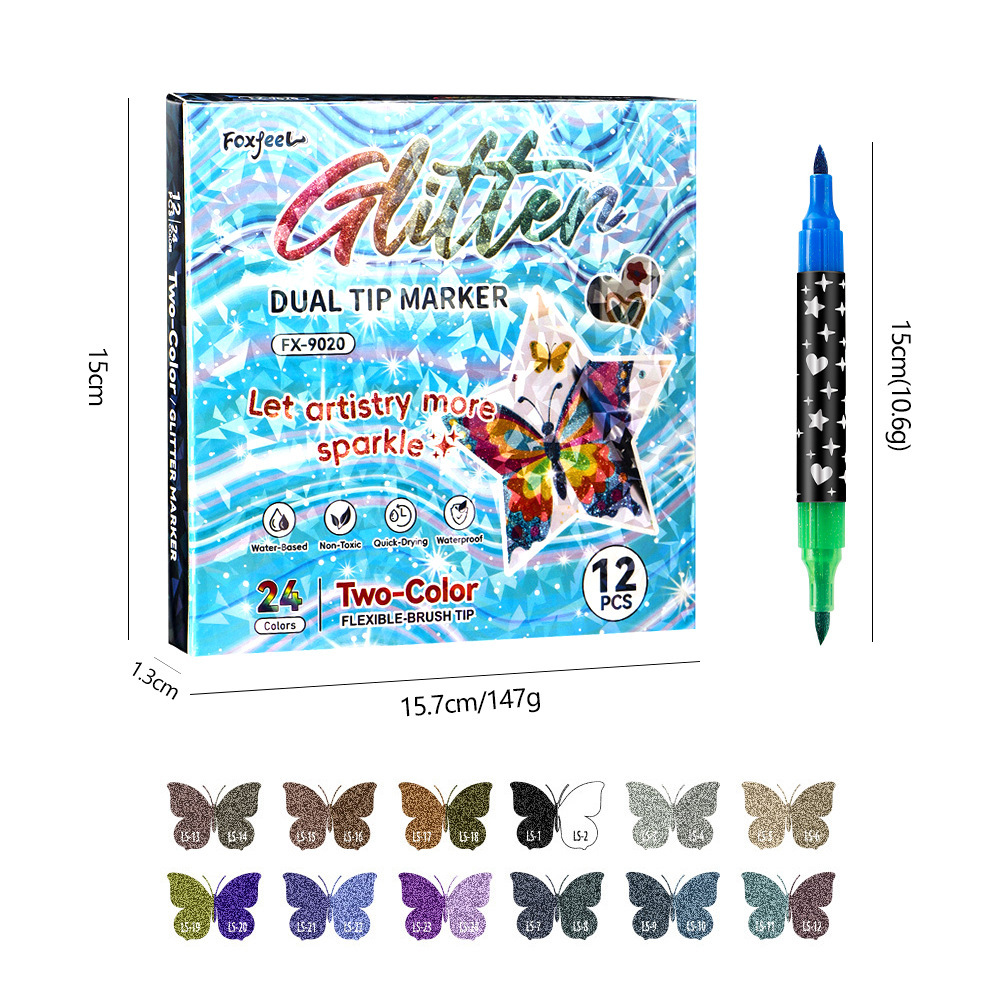 Bolígrafo de doble color de doble cabeza de explosión transfronteriza conjunto de bolígrafo de marca de cabeza suave para pintura con polvo de brillo de perlas