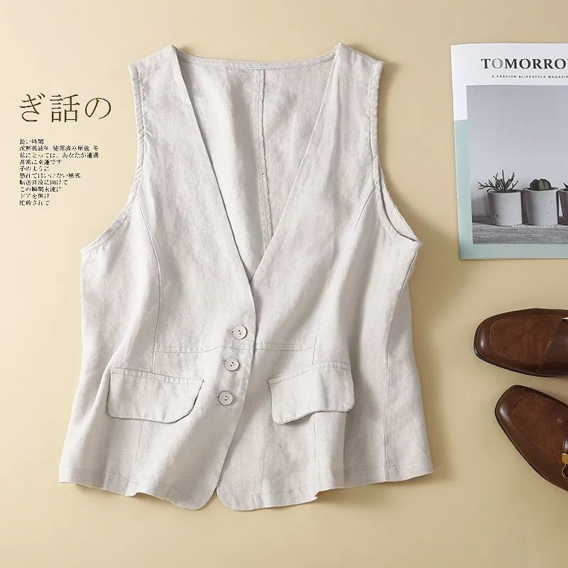 Cotton and Linen Vest for Women, Versatile Summer New Style, Artistic Layered Vest, V-Neck Cardigan Top for Women to Wear Outside